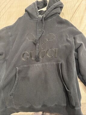 Gucci Men's Black Embroidered Tennis Logo Crewneck Hoodie